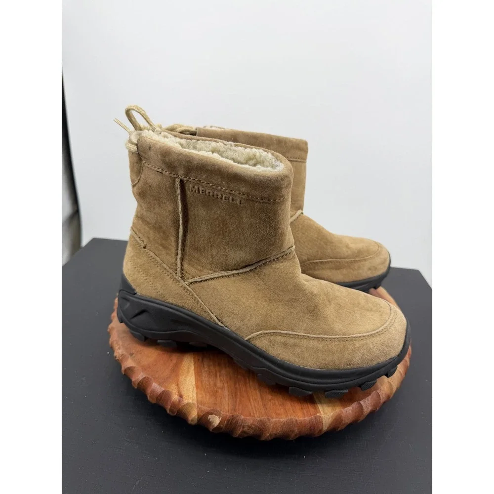 Merrell winter pull on Mid Boots Mens 9.5 camel Suede Faux Fur Lined J00455